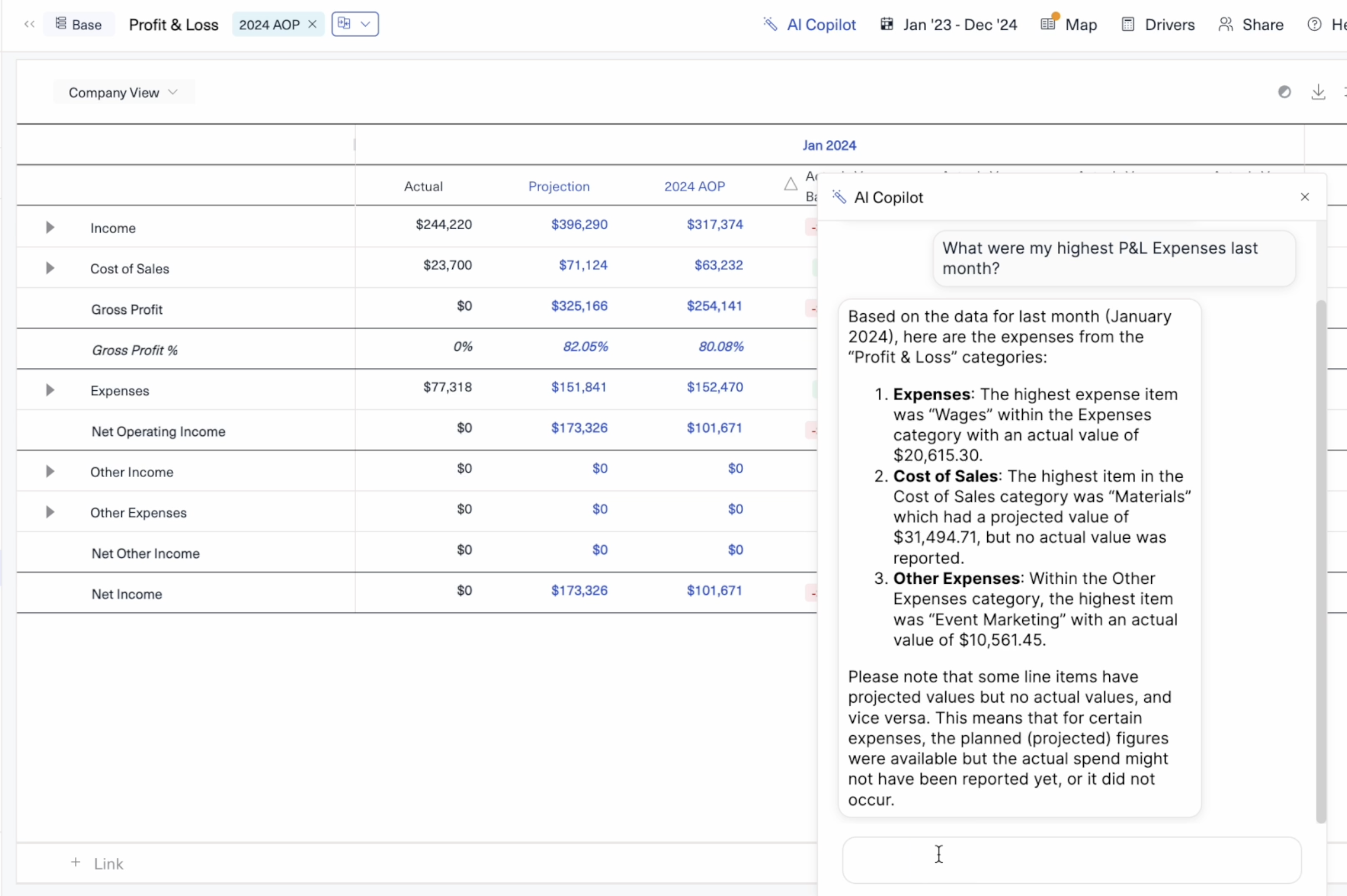 Basis AI copilot interface for intelligent financial analysis