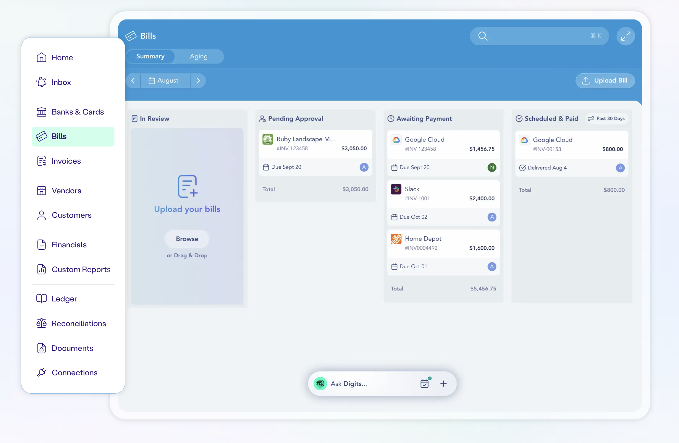Digits Bill Pay dashboard showing the Kanban-style payment workflow interface