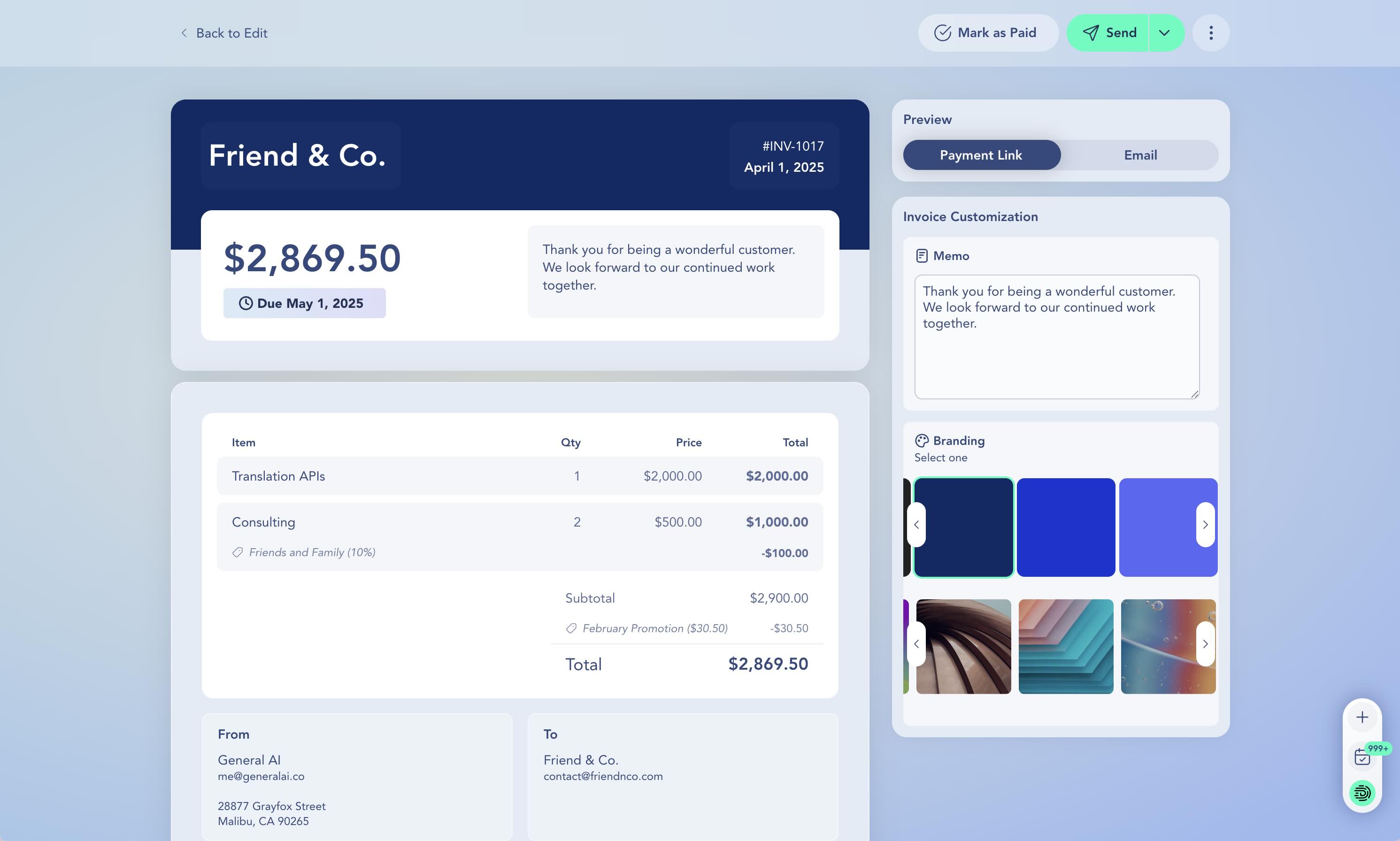 Digits Invoicing — AI-powered invoice creation flow